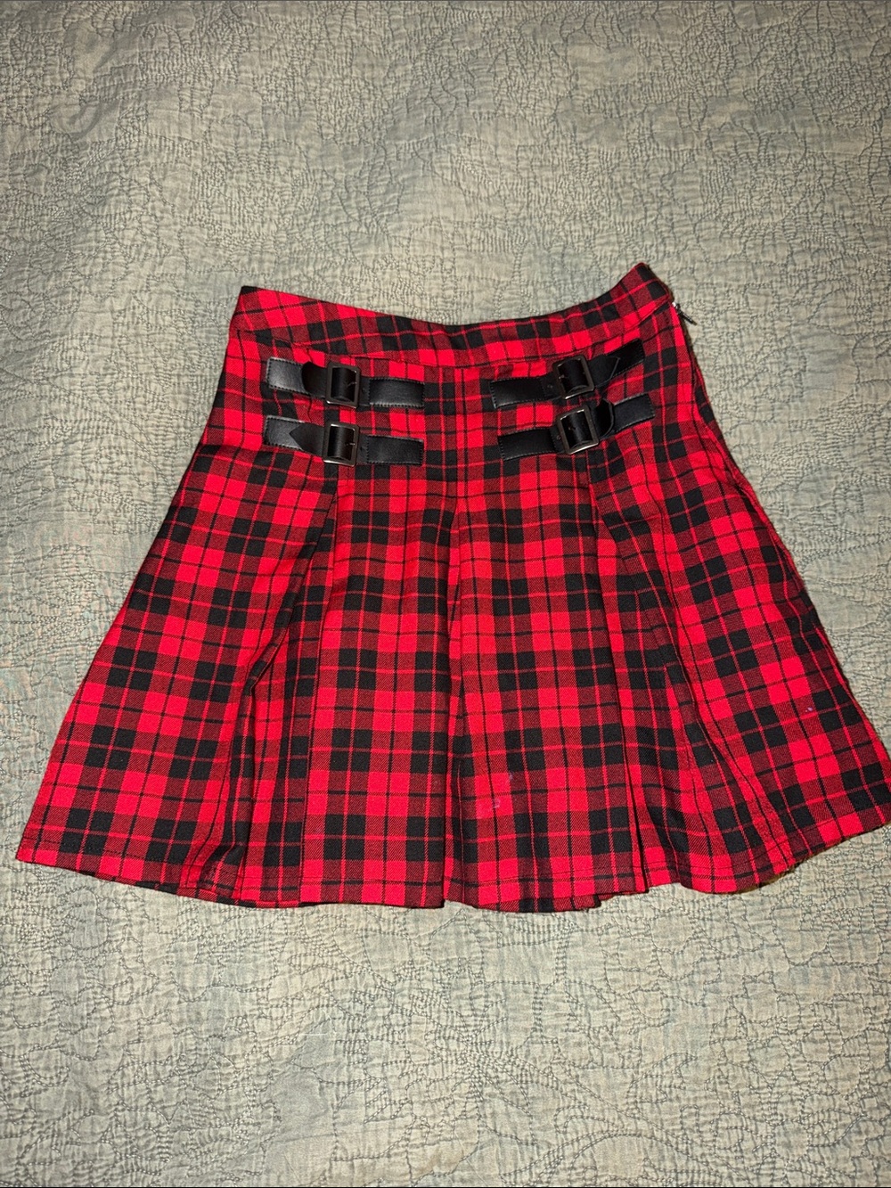 Hot Topic Red and Black Plaid Pleated Skater Skirt with Buckle Straps